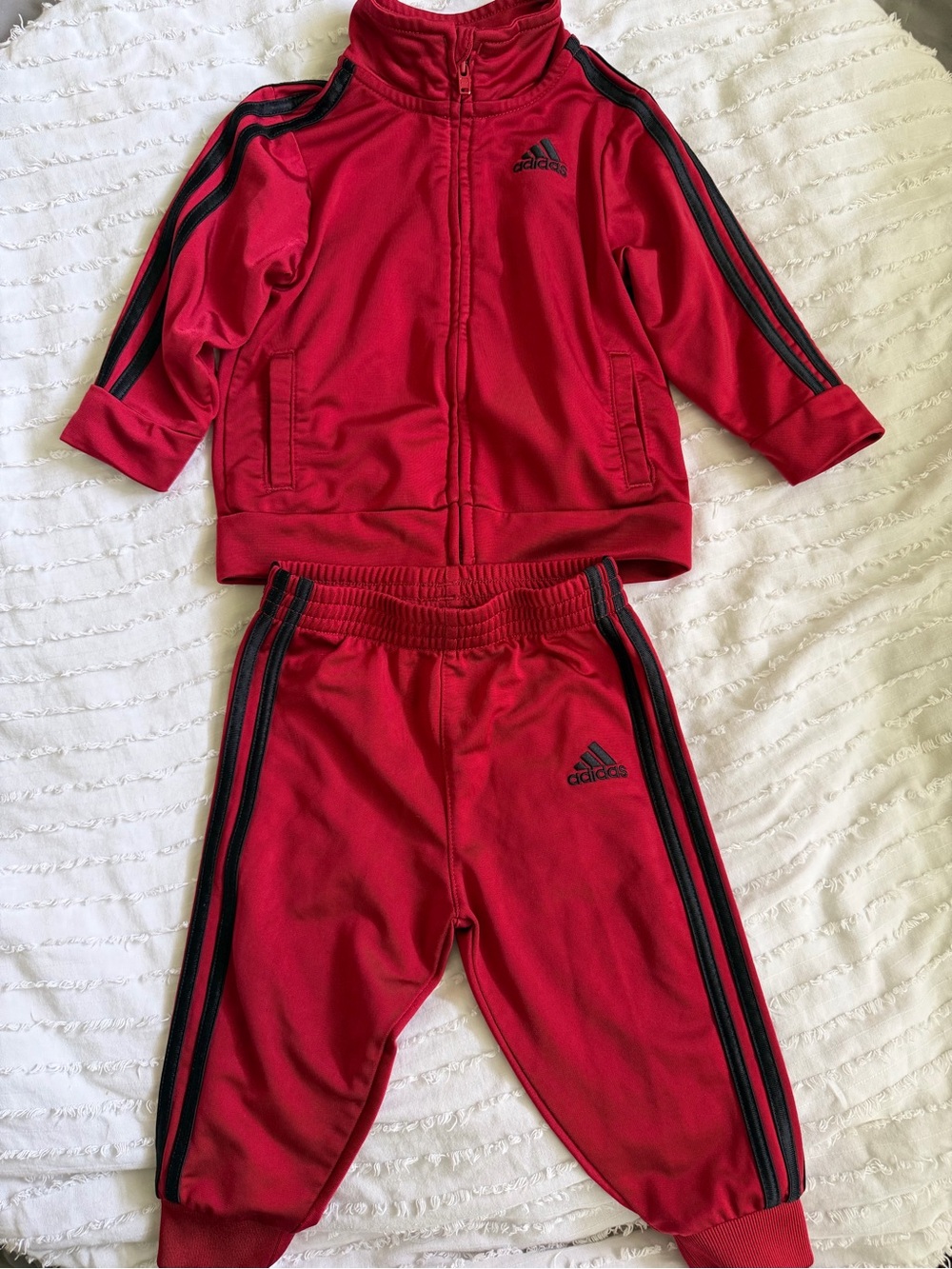 Adidas Baby 2 Piece Track Suit / Jogger Set Red w/ Black Stripes Size: 9 months